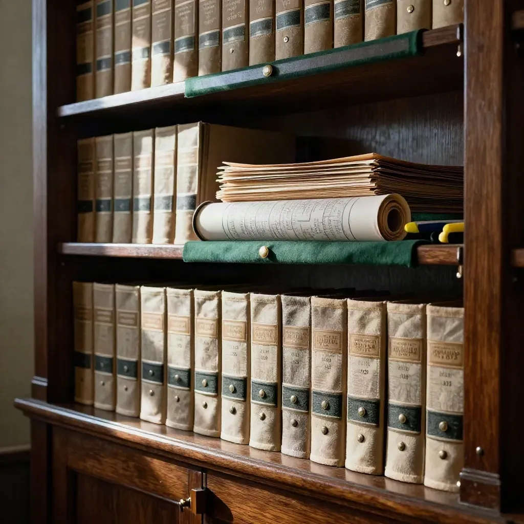 Courthouse records shelf with deed indices, parcel tabs, and a rolled plat map tube in warm afternoon light.