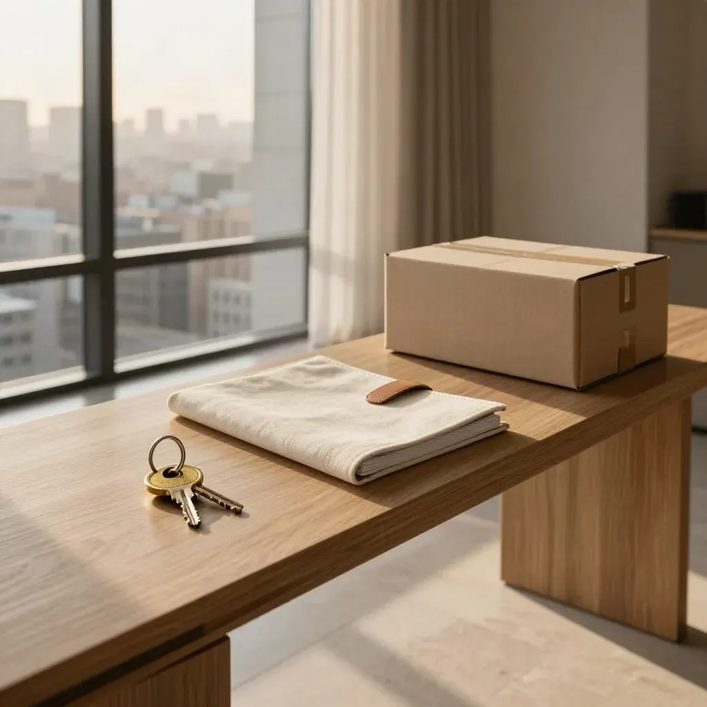 Warm condo entry table with keys, moving box, and closed closing packet by sheer blinds.