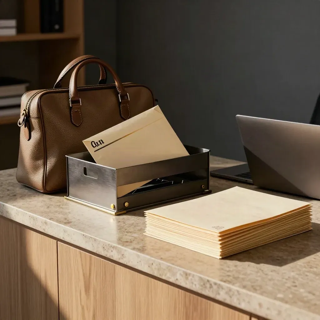 Courier satchel, overnight envelope, closed laptop and file tray in a title office dispatch nook.