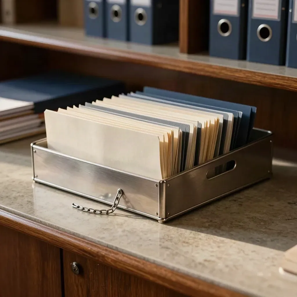 Courthouse archive tray with a removed chain clip, clean binder, and aligned tabs in soft daylight.