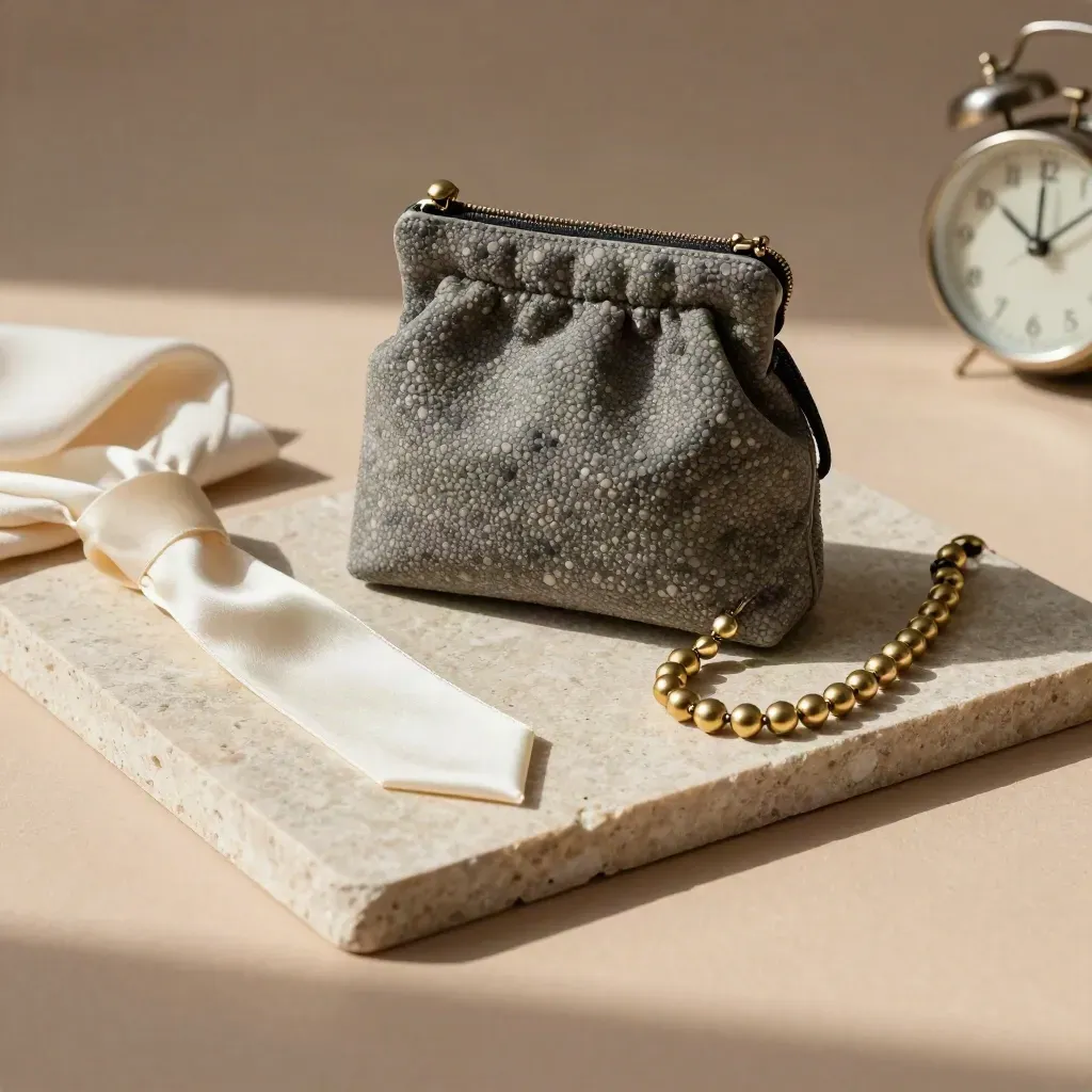 Closing pouch, brass ledger beads, satin ribbon, and clock on a limestone tray with soft side light.