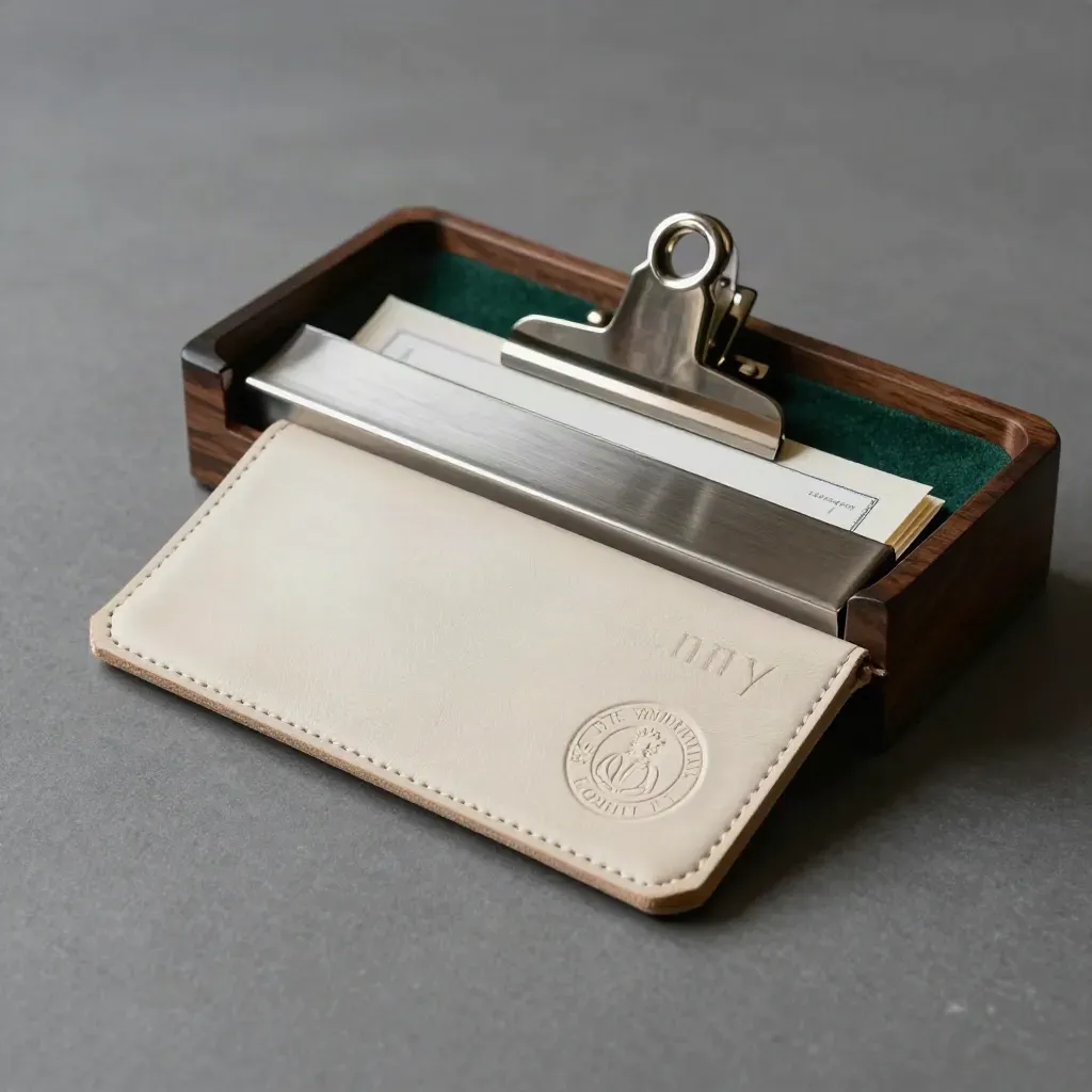 Leather courier pouch, metal filing tray, and archive clip in a dark wood niche