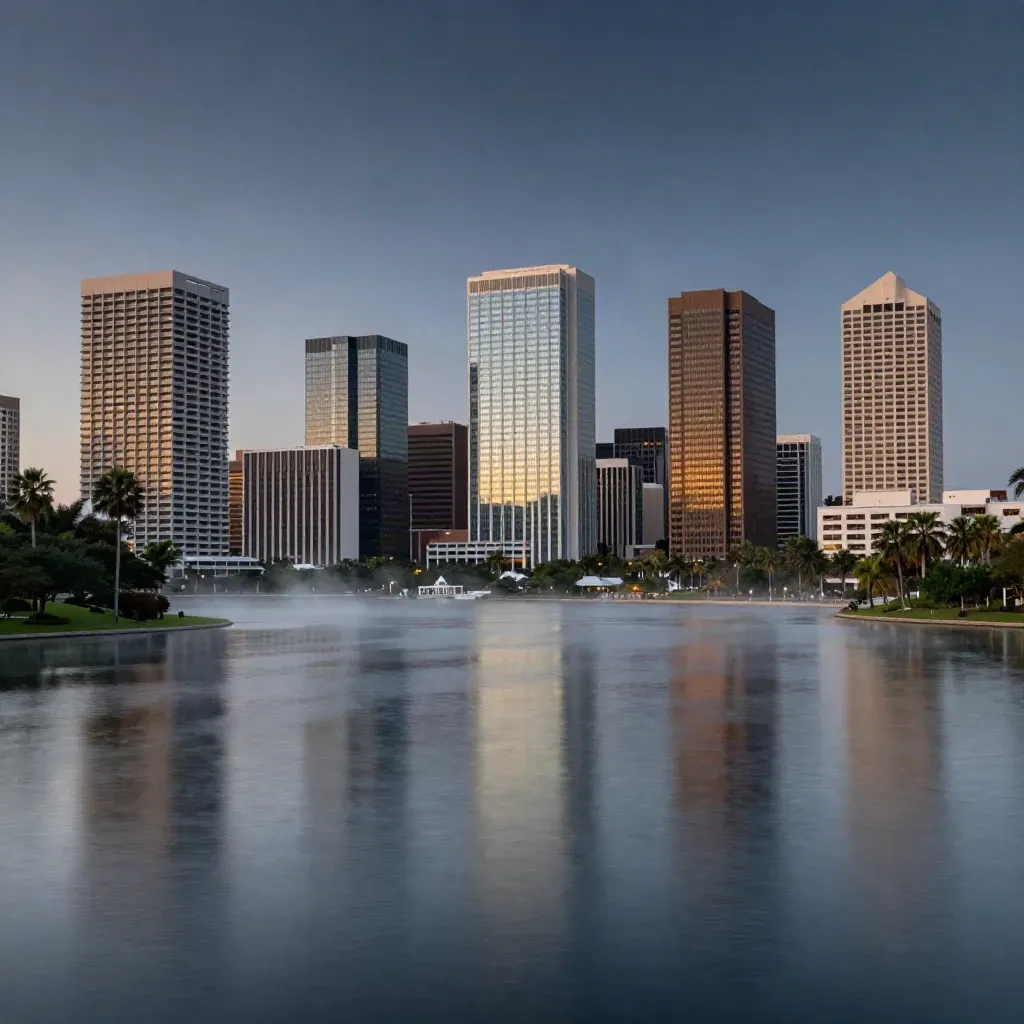 Orlando skyline above Lake Eola in blue-hour haze, with calm reflective water and palms.